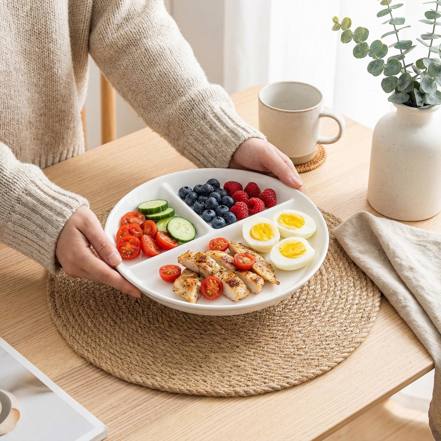 Enjamyo 2 Pcs Ceramic Portion Control Plate, 9 Inch Divided Plate, 3-Compartment Portion Plate, White Dinner Plates for Adults Weight Loss Healthy Eating Bariatric