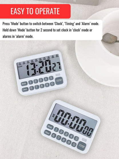 Digital Multifunction Timer with Clock, 10 Preset Alarms, Countup & Countdown, Memory Settings, White