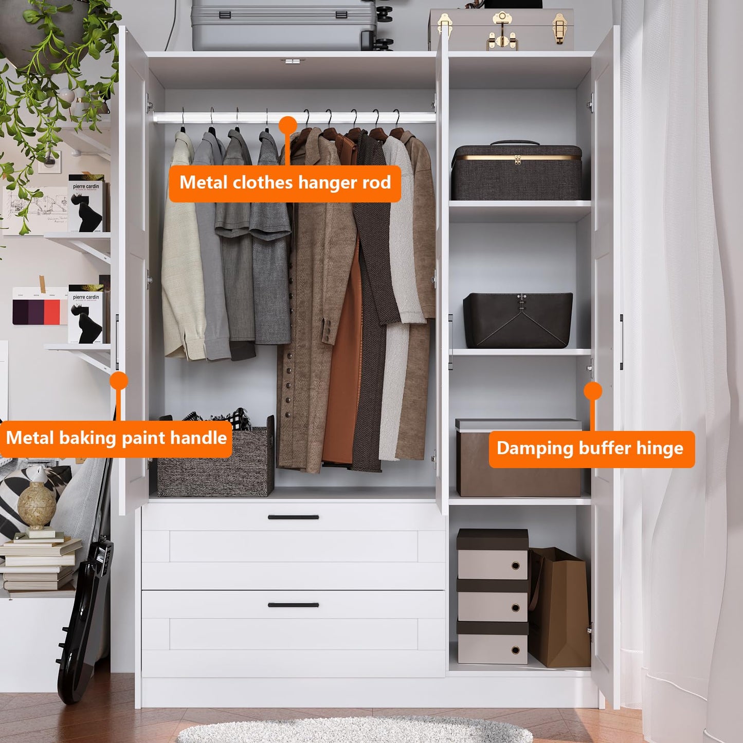 Fenghua Lizhi 3 Doors Wooden Wardrobe Closet Armoire, White Storage Cabinet for Hanging Clothes, Bedroom Large Capacity Freestanding Armoire,Wood Wardrobe Combination with Shelves (2drawer, White)