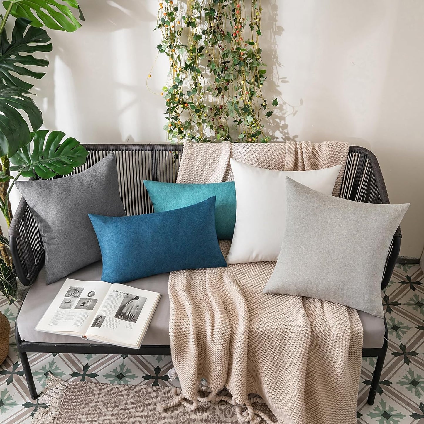 MIULEE Decorative Outdoor Throw Pillow Covers - Waterproof Faux Linen Cushion Cases | 20x20 Inch Light Grey (Pack of 2)