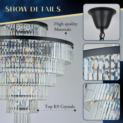 MERINEA Large 40" Black Crystal Chandelier 28 Lights Modern Round Chandeliers for Staircase Luxury 7-Tier K9 Crystal Ceiling Pendant Light Fixture for High Ceiling Living Room Foyer