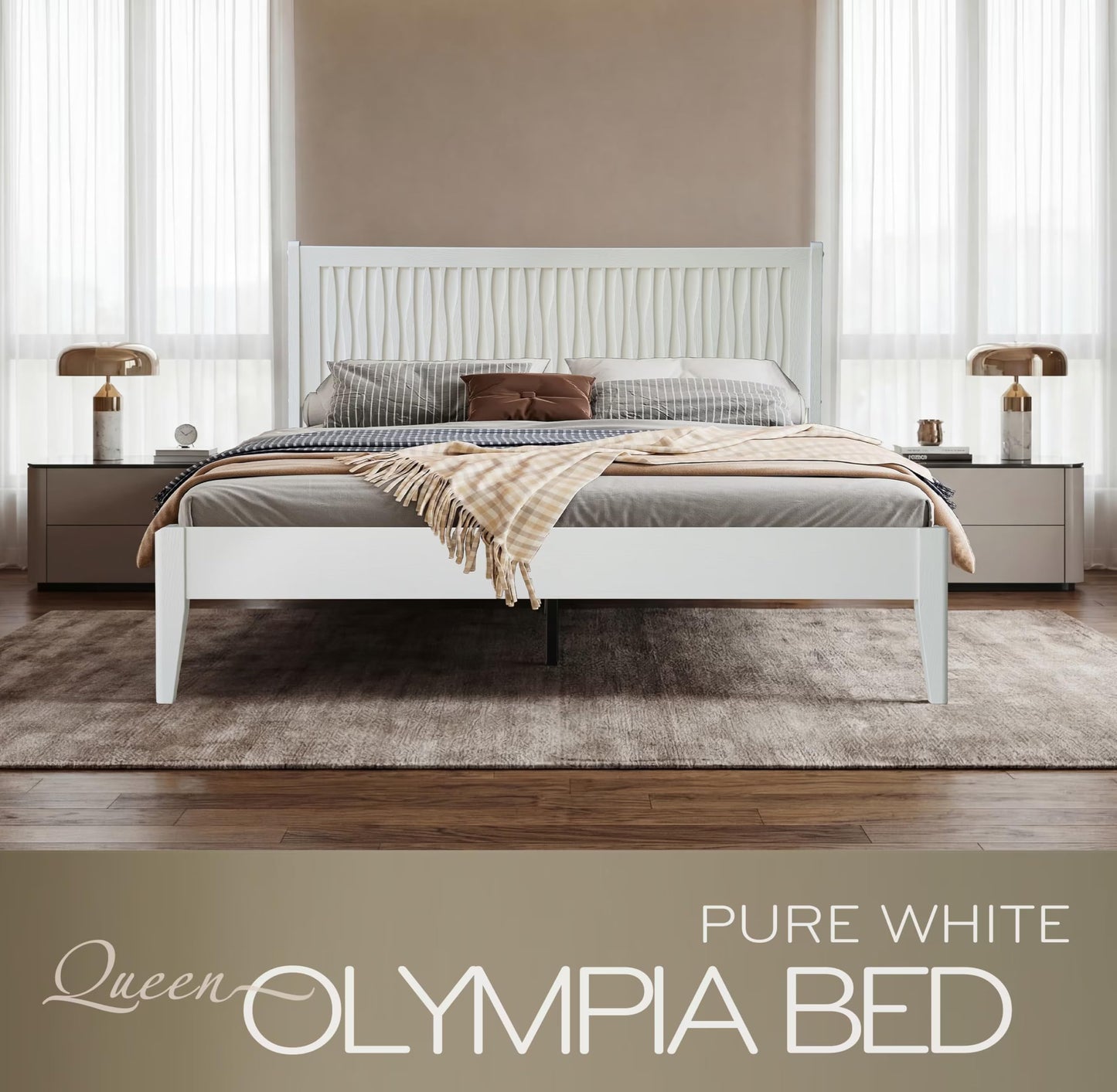 Queen Size Solid Wood Platform Bed Frame with Headboard and Footboard, Noise-Free & Anti-Slip Design, Center Metal Legs, 12 Heavy-Duty Slats, No Box Spring Needed, Pure White Finish, OLQ-39