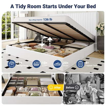 Allewie King Size Lift Up Storage Bed Frame, Hydraulic Support System, Upholstered Platform Bed Frame, Underneath Storage, Vertical Channel Tufted Headboard with Wingback, No Box Spring Needed, White