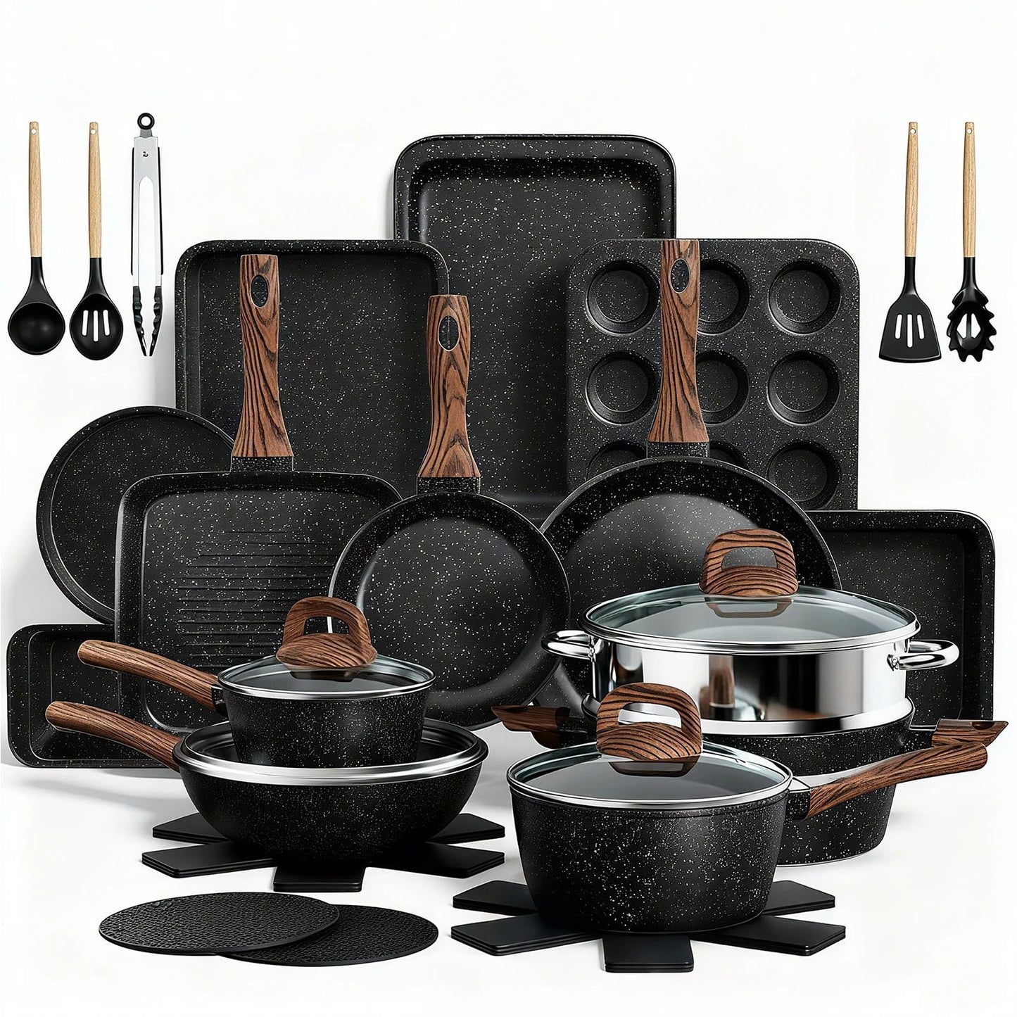 Pots and Pans Set Non Stick, 31 Piece Kitchen Induction Cookware & Bakeware Set, Nonstick Kitchen Cooking Pans Set with Frying Pans Set Grill Pan Saucepan Baking Sheet & Utensils, PFOA Free