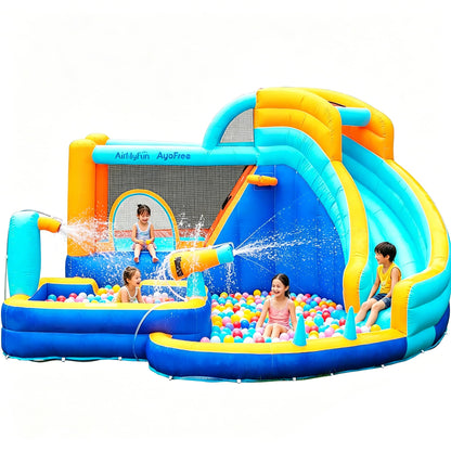 AirMyFun Inflatable Bounce House Water Slide with Curved Slide & Ball Pit Splash Pool - Kids Outdoor/Indoor Water Play Center for Backyard, Birthday Parties - Includes Basketball Hoop & Blower