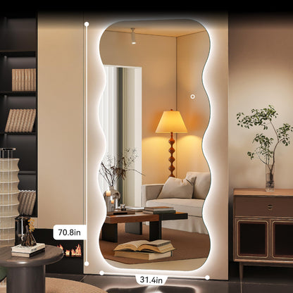 Hasipu Wavy Full Length Mirror with Lights - 71"×31" LED Wavy Floor Mirror, Frameless, Dimmable, Standing or Vertical/Horizontal Wall-Mounted Mirror for Bedroom, Living Room, Cloakroom