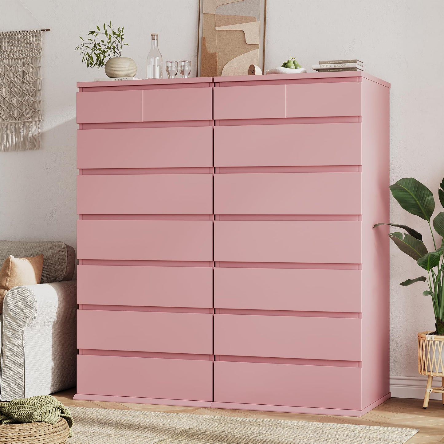 Jocoevol Pink Tall 8 Drawer Dresser for Bedroom,Dressers & Chests of Drawers with Jewelry Storage,Wood Storage Dresser with Deep Drawers for Living Room Hallway Entryway(55.3" L*23.6" W*15.7")