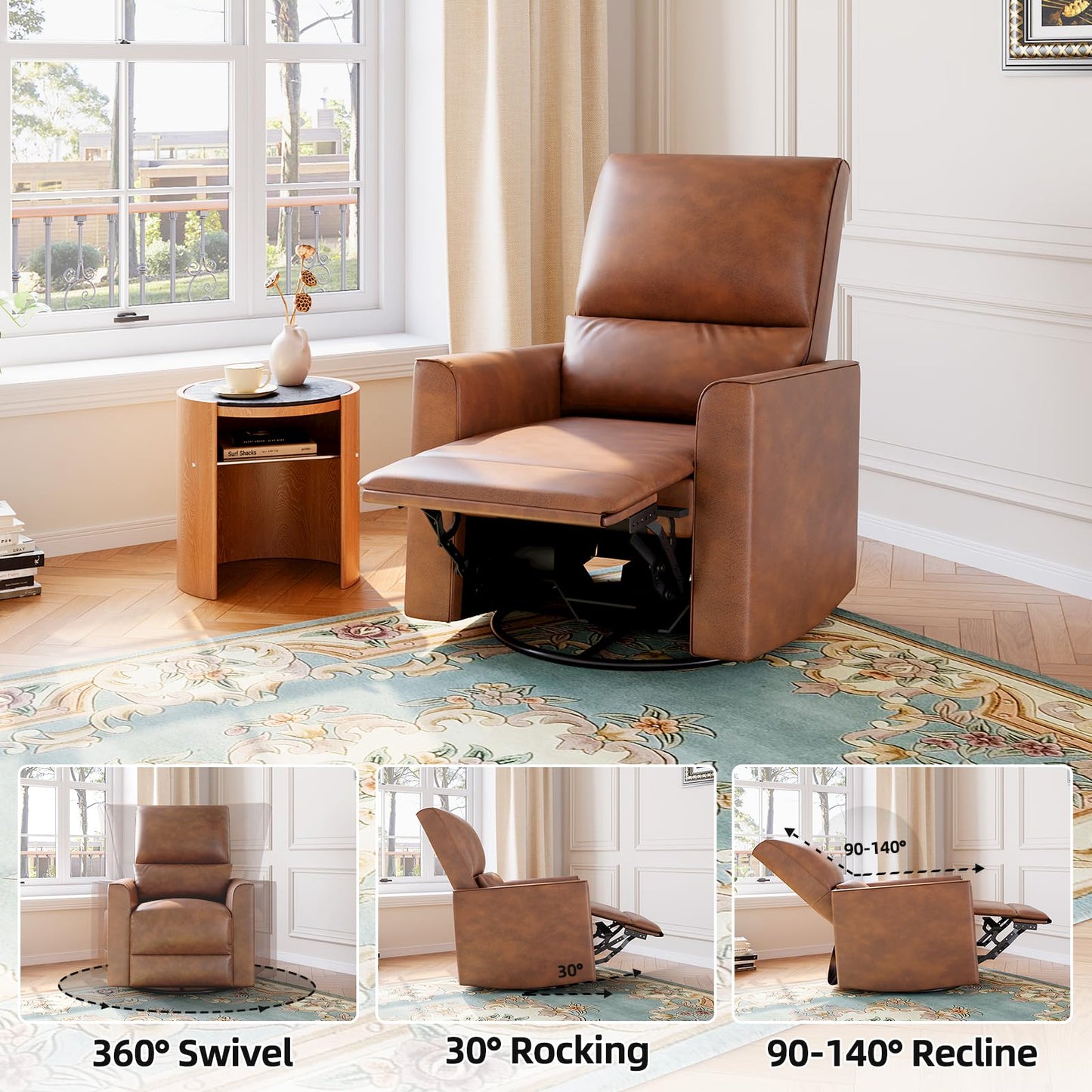 GAOMON Swivel Rocking Recliner Chair, Manual Leather Recliner Glider with Lumbar Support & Padded Armrest, Comfortable Rocker Nursery Single Sofa for Living Room and Bedroom (Brown)
