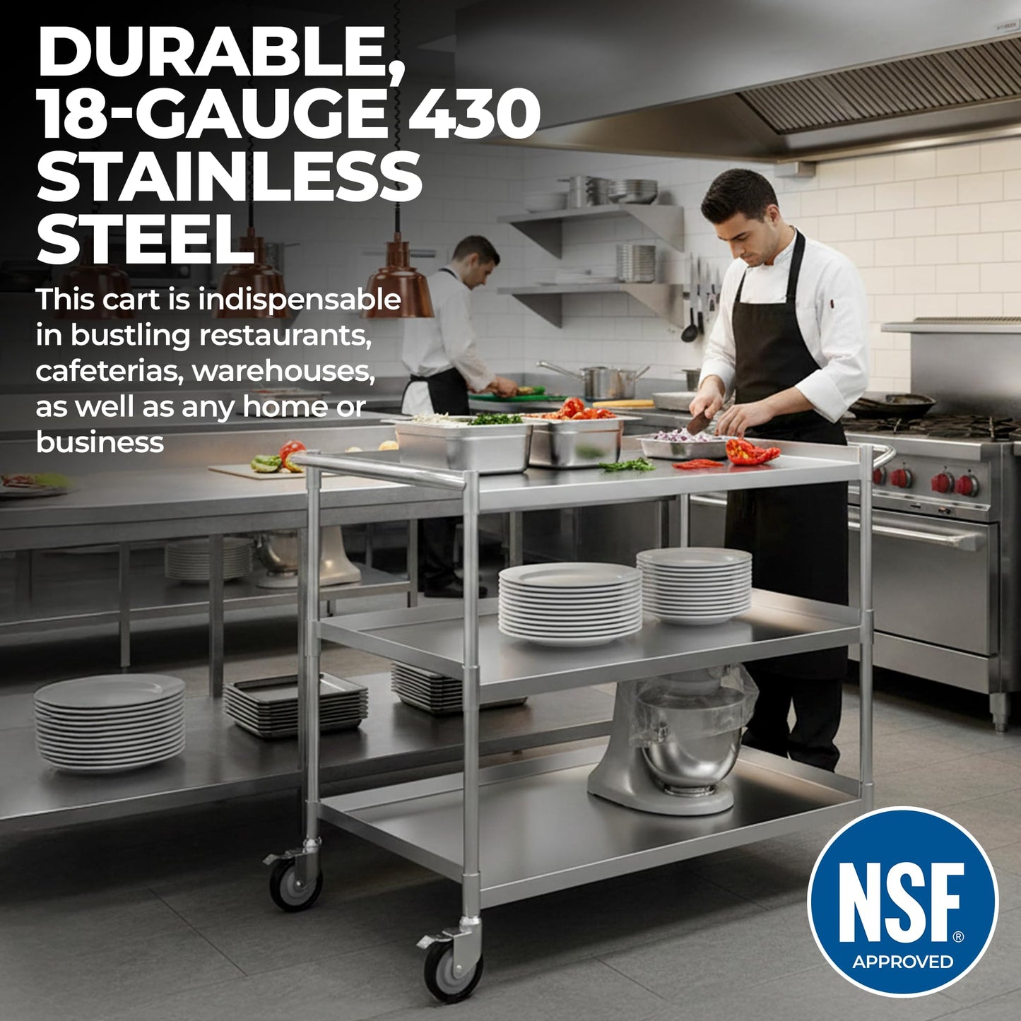 3 Shelf Stainless Steel Tubular Utility Cart | Metal Utility Cart on Wheels with Handle | NSF Certified | (18" Wide X 28" Long X 33" High)