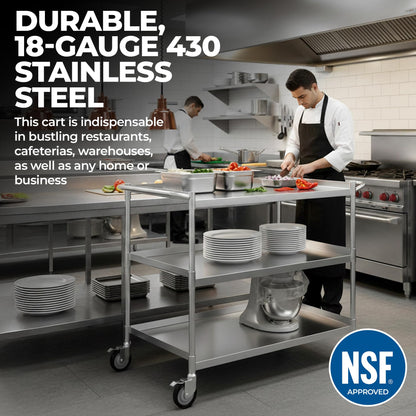 3 Shelf Stainless Steel Tubular Utility Cart | Metal Utility Cart on Wheels with Handle | NSF Certified | (18" Wide X 28" Long X 33" High)