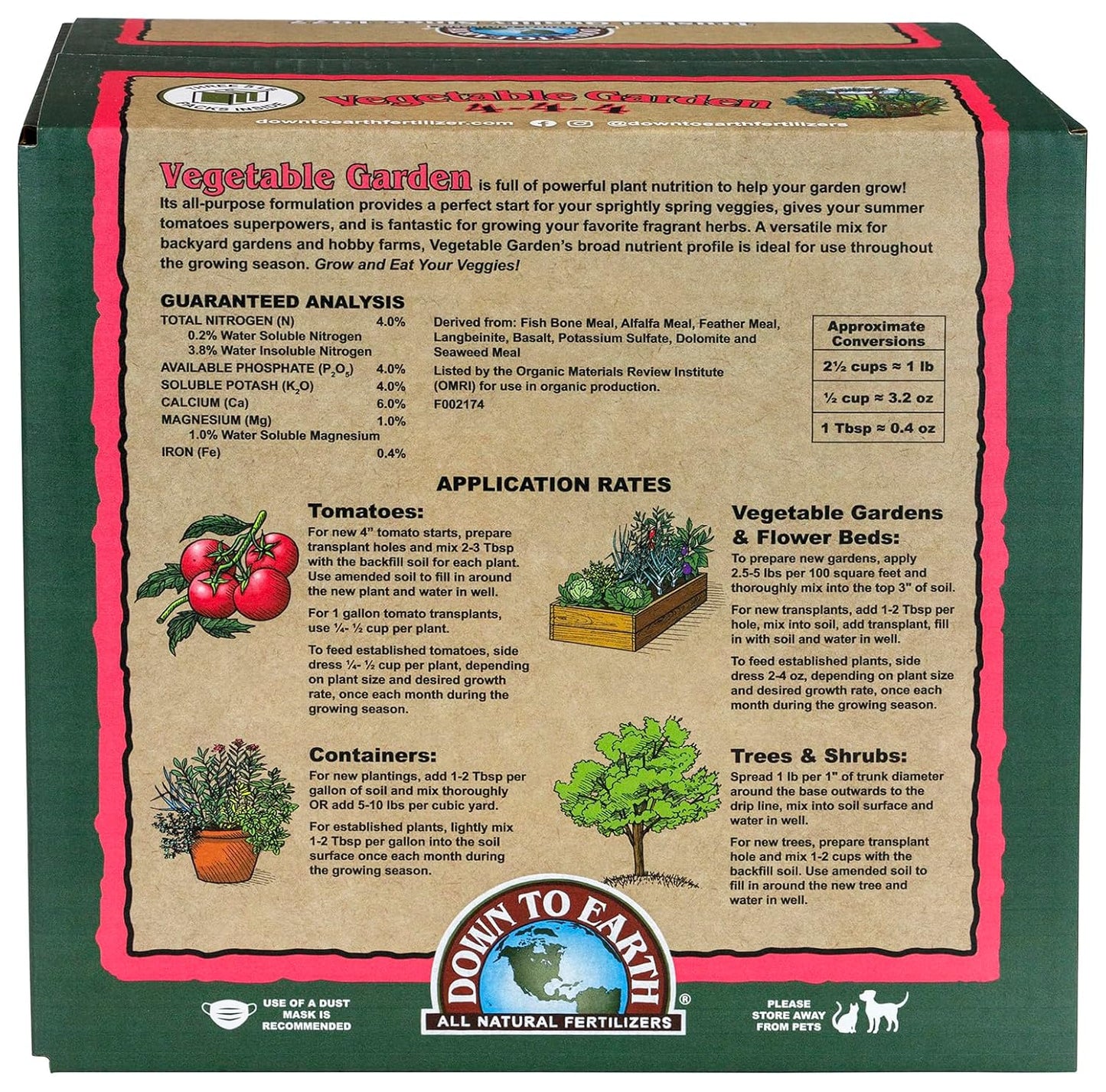 4-4-4, 15 lb Down To Earth All Natural Fertilizers Organic Vegetable Garden - Plant Food for Vegetables, Herbs, Greens