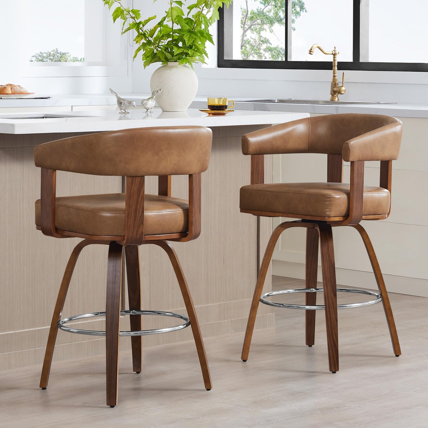 CHITA Swivel Counter Height Barstools Set of 2, FSC Certified Faux Leather Upholstered Bar Stools with Back and Armrest for Kitchen Island Home Bar, 27" Seat Height, Camel with Walnut Frame