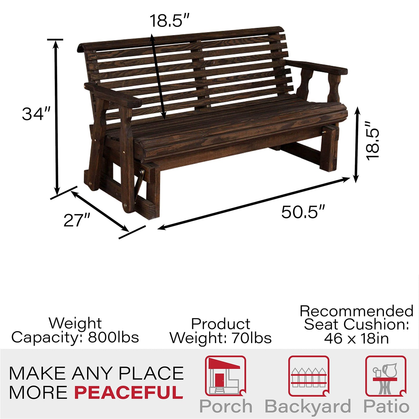 Amish Heavy Duty 800 Lb Roll Back Pressure Treated Porch Glider (4 Foot, Dark Walnut Stain)