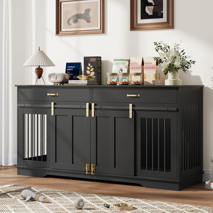 GarveeHome 71'' Double Wooden Dog Crate Furniture for 2 Dogs, with Removable Divider, Sliding Door & 2 Drawers, Decorative TV Stand for Living Room, Fits Small Medium Large Dogs