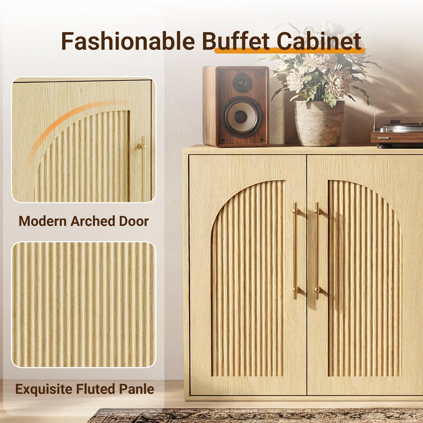 Seang Buffet Cabinet with Storage,55" Modern Arched Sideboard Cabinet with 4 Fluted Doors,Metal Handle and Adjustable Shelf,Wooden Console Table Credenza for Living Room,Entryway,Natural