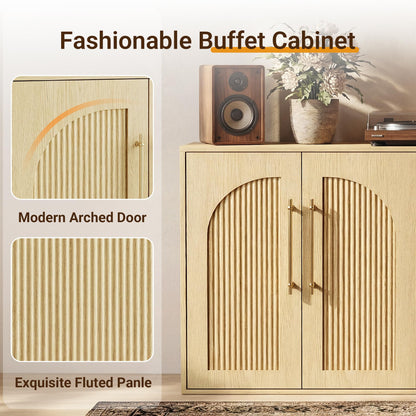 Seang Buffet Cabinet with Storage,55" Modern Arched Sideboard Cabinet with 4 Fluted Doors,Metal Handle and Adjustable Shelf,Wooden Console Table Credenza for Living Room,Entryway,Natural