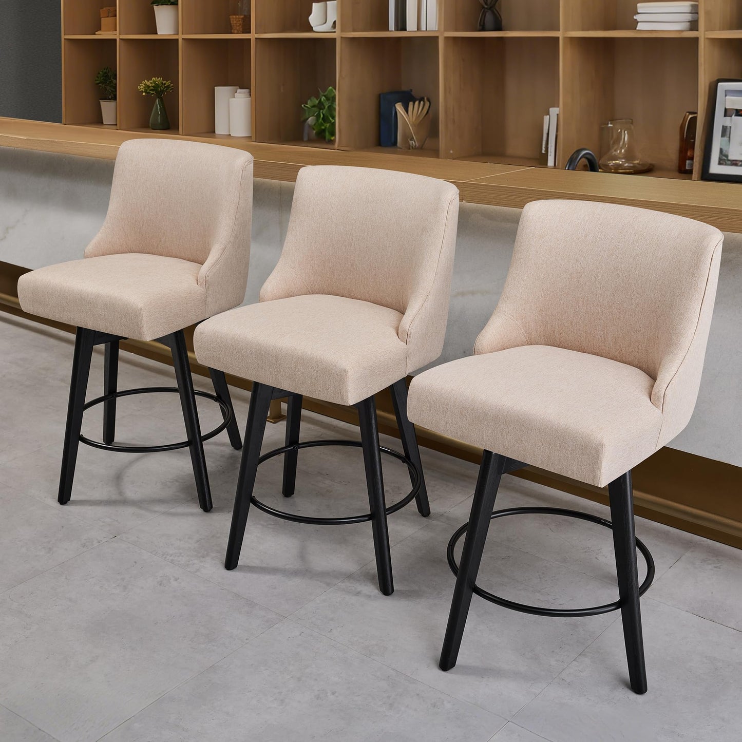 Erdoru Counter Height Bar Stools Set of 4,Swivel Barstools with Backs and Wood Legs,Linen Fabric Upholstered Counter Stools for Kitchend Island,Mid-Century Modern 26"Seat Height Bar Chairs,Flax Beige
