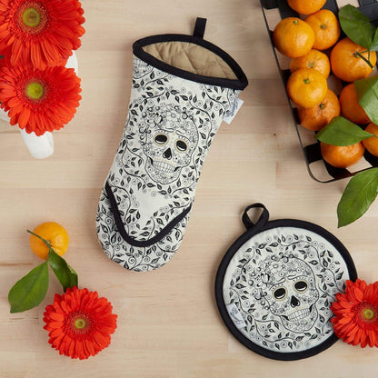 Fiesta Skull & Vine Oven Mitt & Pot Holder Set, Multi-colored, 6.5"x13" and 8"x8"