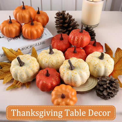 LZNPA 16PCS Artificial Mini Fake Pumpkins Set with Fall Leaves，Foam Plastic Carvable DIY Small White Craft Pumpkins Decor for Thanksgiving Halloween Home Fall Porch Table Decor