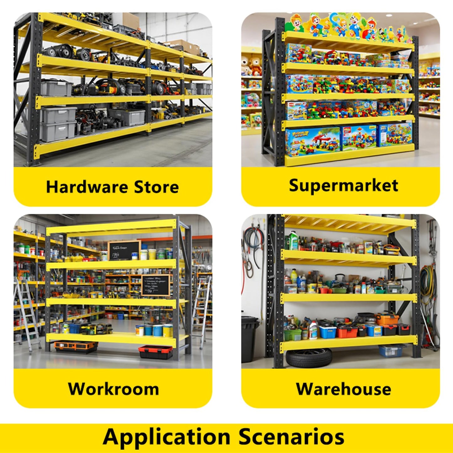 Heavy Duty Garage Shelving 4-Tier, 78.7" W Industrial Metal Adjustable Storage Rack for Garage, Warehouse & Basement, Yellow & Black,W78.74*D23.62*H78.74