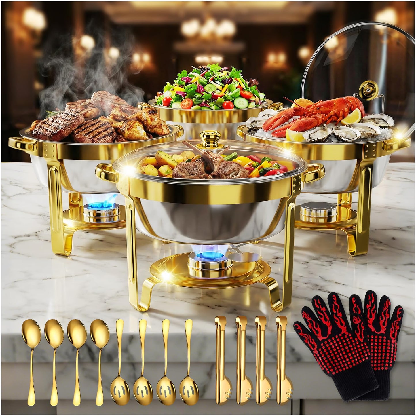 Gold Chafing Dishes for Buffet Set of 4 Pack, 6QT Round Buffet Servers and Warmers Set with 4 Spoons, 4 Slotted Spoons, 4 Tongs, 2 Gloves, Chafers and Buffet Warmers Sets for Wedding, Birthday,Party