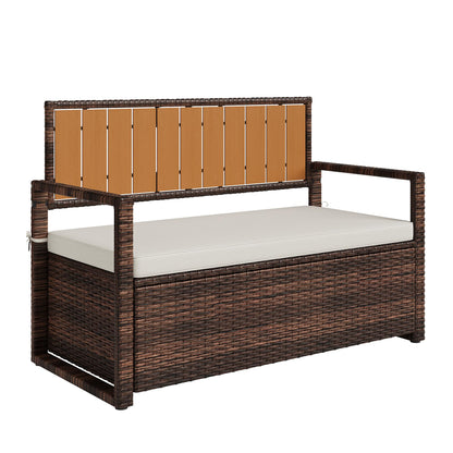 Garvee Dark Brown Wicker Storage Bench, Large Capacity Rattan Ottoman with White Waterproof Seat, Durable Iron & Wood Frame Chest for Toy Blanket Organization, Patio & Indoor Use