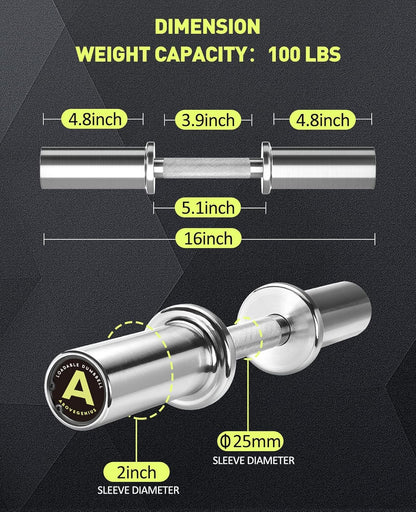 Pair of 16" Olympic Dumbbell Handles, Loadable Dumbbell Bars for 2-inch Olympic Weight Plates Great for Home Gym Strength Training, Weight Bars with 2 Pair of Spring Collars