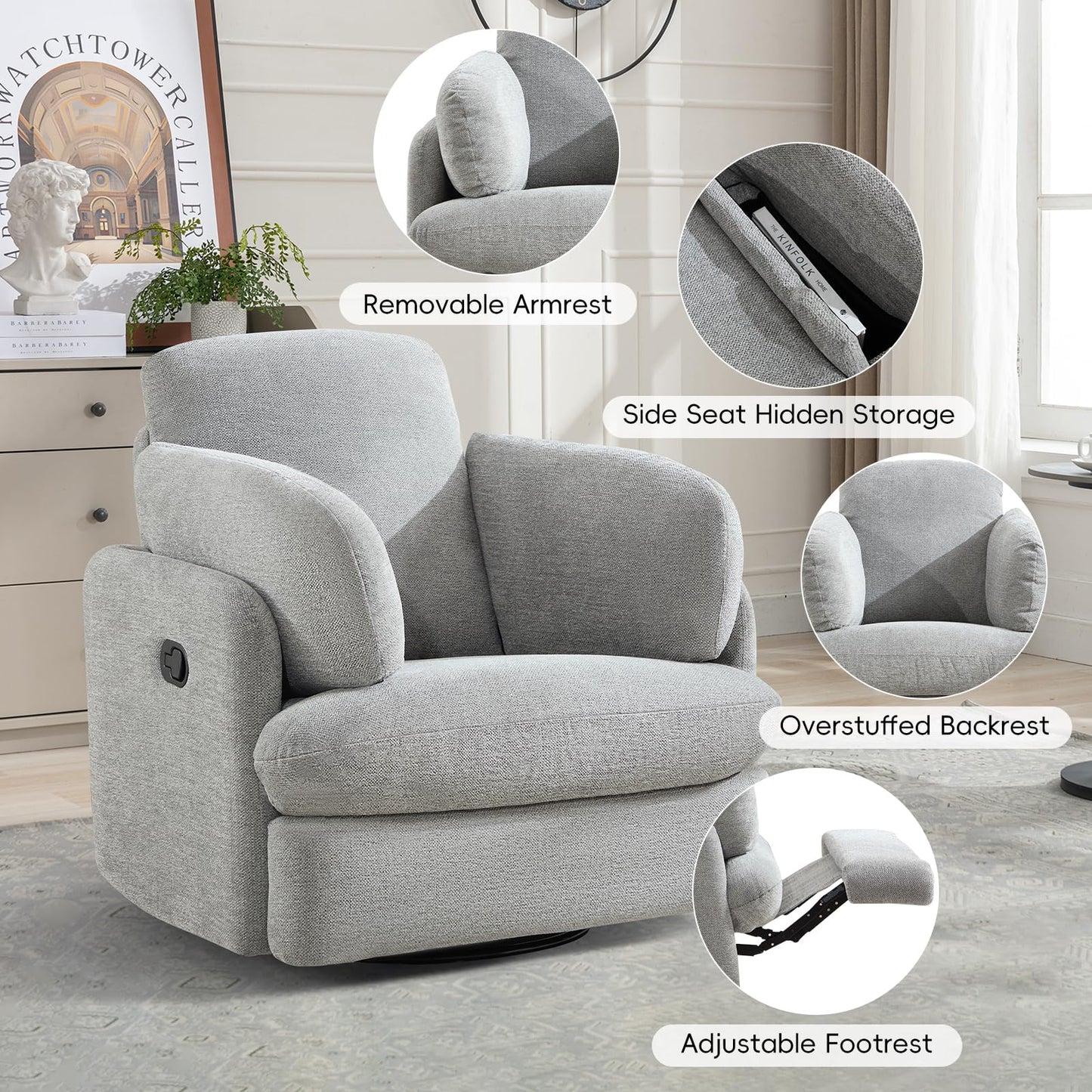 Bonzy Home Manual Recliner Chair, 360°Swivel Rocker Recliner Chair for Adults, Overstuffed Nursery Rocking Reclining Sofa with 2 Pillows and Hidden Storage, Light Grey