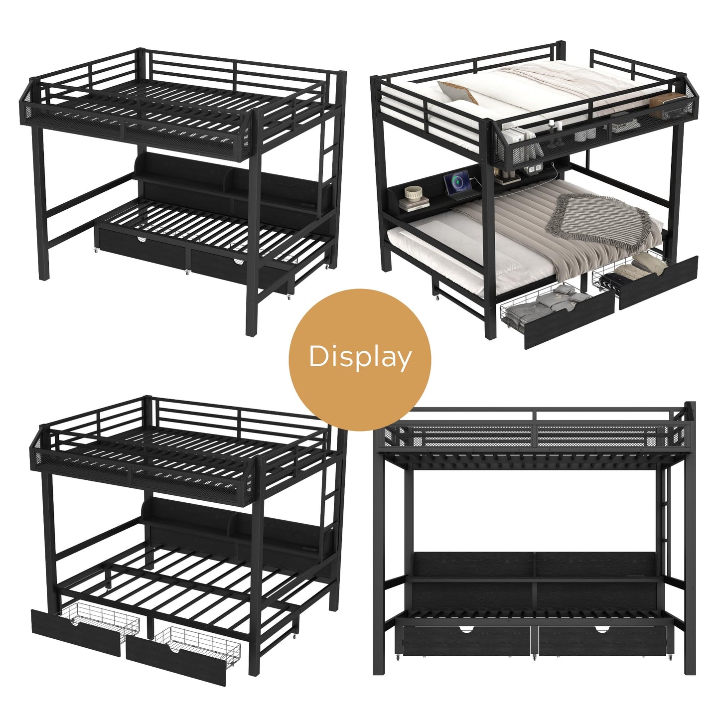 Queen over Queen Bunk Bed with Storage Drawers and Shelves, Metal Bunk Beds with Lights and USB Ports, Convertible Lower Bunkbed Queen for Guests, Bedroom, Dorms, Multi-function and Noise-free, Black