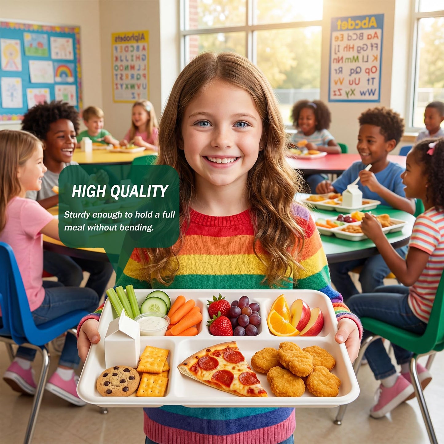 Tinybee 100% Compostable 5 Compartment Paper Plates 12.5 * 8.6 Inch [100-Pack] Large Heavy Duty Divided Disposable Eco-Friendly Bagasse Plates Lunch Trays for Buffet/Party/School (BPI-Certified) White