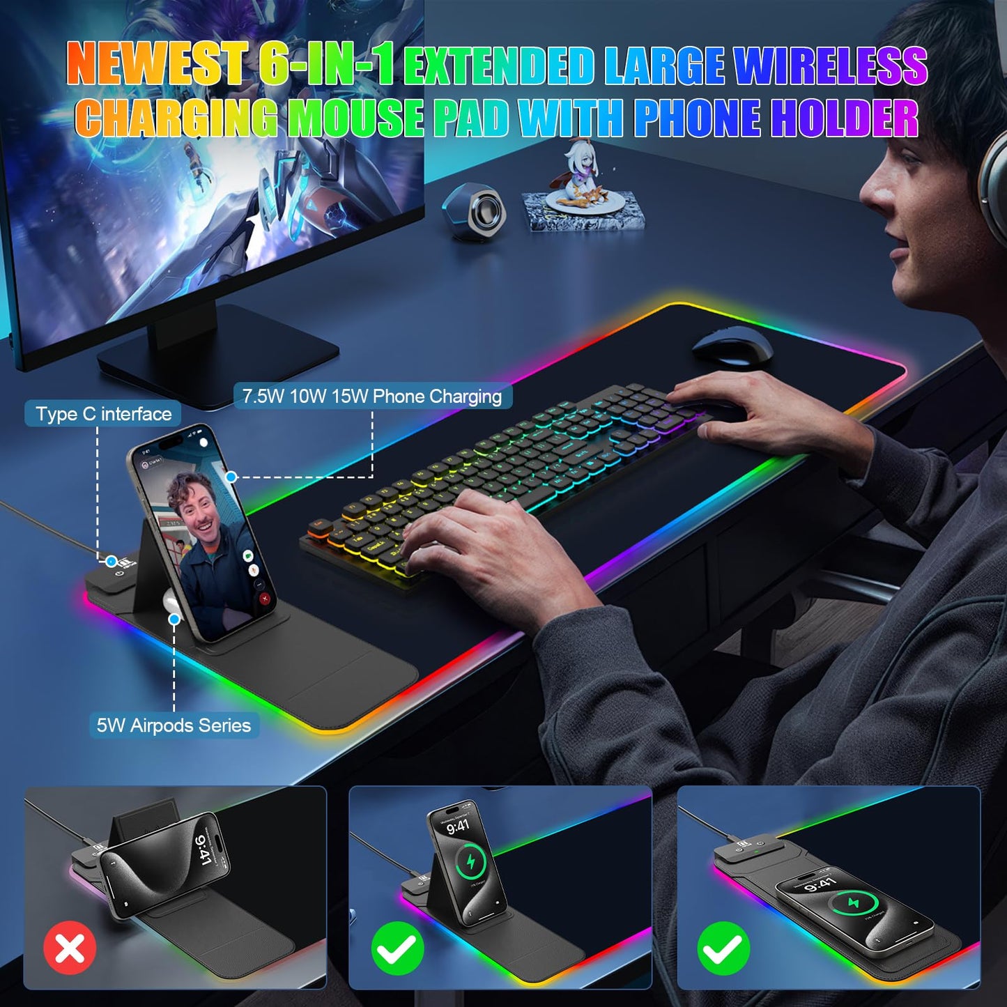 Mouse Pad with Wireless Charging, Large Desk Mat RGB Gaming Mousepad, 10 Light Colors LED Gaming Pad Keyboard Pad with Ultra-Smooth Surface & Non-Slip Rubber Base, Waterproof Full Desk Mouse Pad