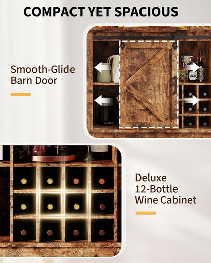 55 in Farmhouse Coffee Bar Cabinet with 3-Mode LED Light and Power Outlet - Large Kitchen Hutch with Sliding Barn Door - Wine Cabinets with Storage Drawers and Wine Glass Rack for Home and Living Rome
