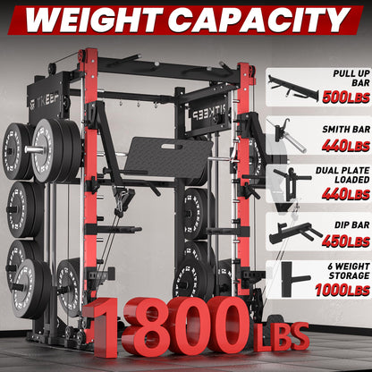 RitKeep PMAX-4750 Smith Machine with Jammer Arms and Leg Press Board, Adjustable 1:1 and 2:1 Pulley Ratios, 1800 LB Capacity,Multi-Function Commercial and Home Gym Equipment for Strength Training