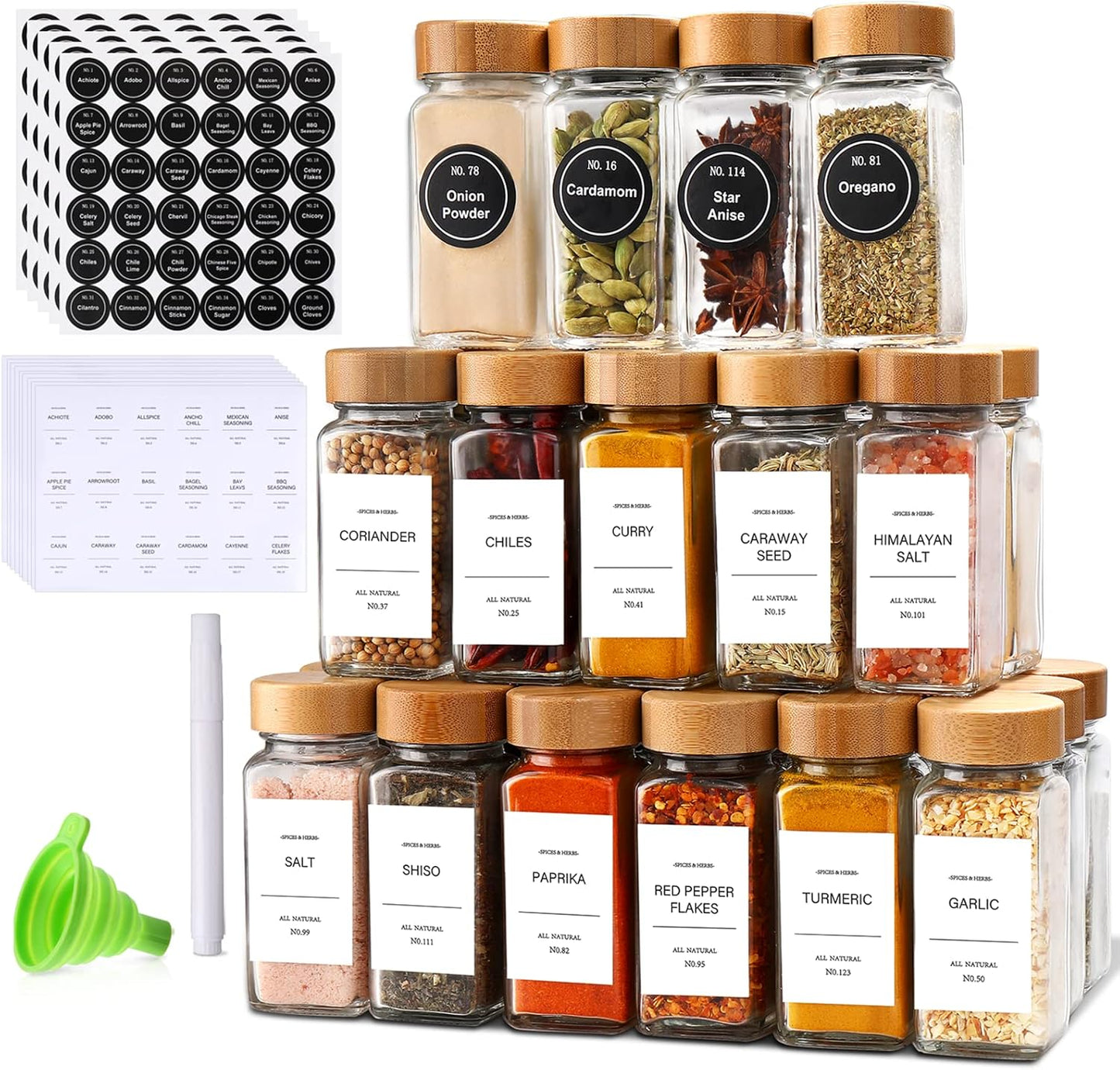 24Pcs,Seasoning Set,Kitchen Set,Seasoning DIMBRAH Spice Jars with Label Containers,Glass Spice Jars with Bamboo