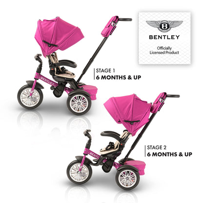 Bentley 6-in-1 Baby Stroller & Toddler Tricycle – Officially Licensed Luxury Kids Bike, Convertible Travel Strollers & Kid Trike with Air Wheels, Canopy & Safety Features (6m-5y+ | Fuschia Pink)