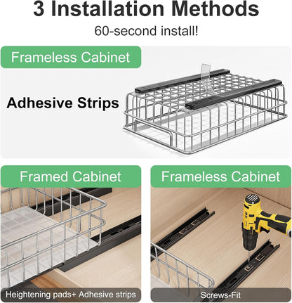 Pull Out Cabinet Organizer by Regine Switzerland - Stainless Steel 2-Pack Drawer with Silent Slides | Ideal for Kitchen, Pantry & Bathroom