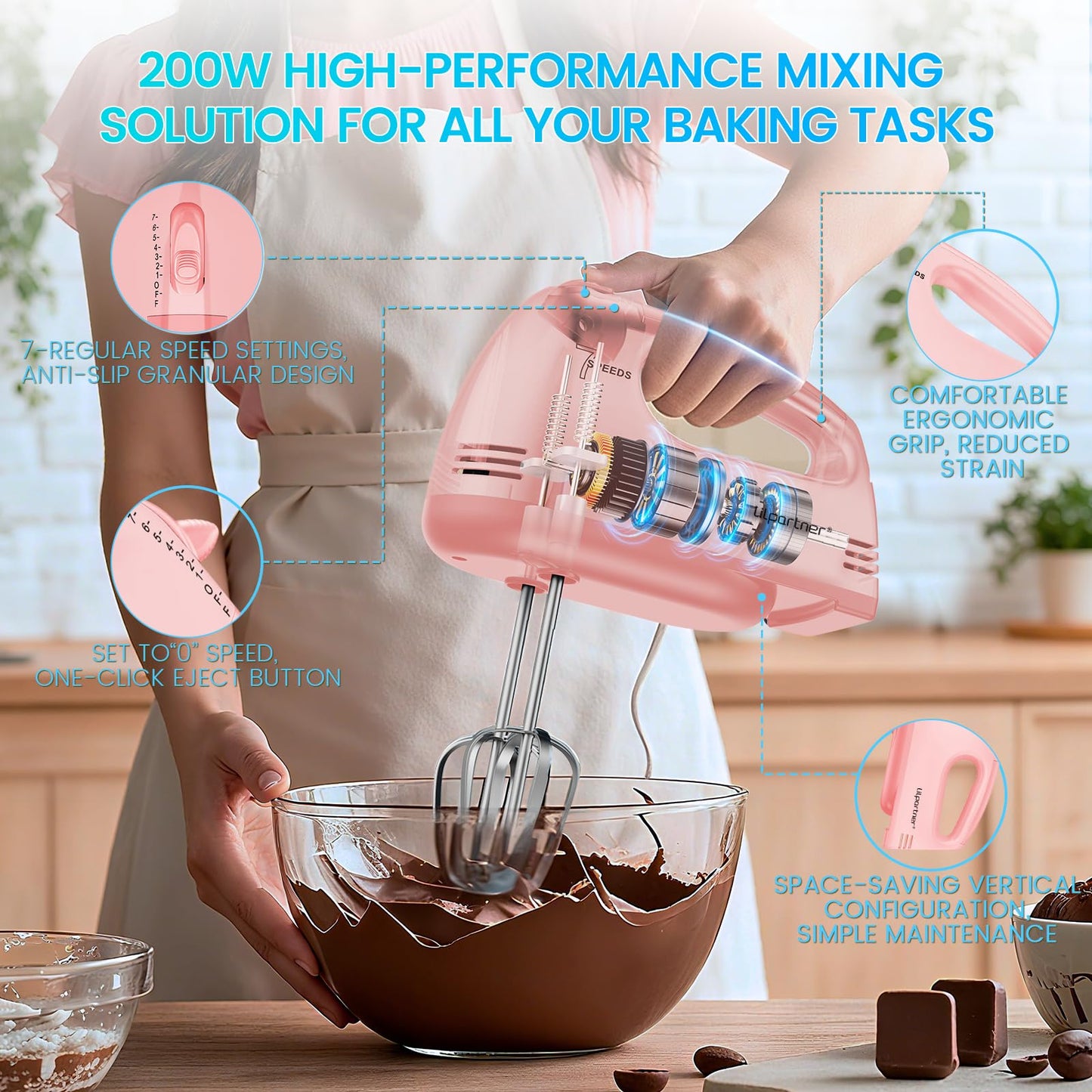 LILPARTNER Hand Mixer Electric, Small Food Mixer 7 Speeds Handheld Blender, 304 *(2* Beater, 2*Dough Hook) Kitchen Blender for Cream, Cookies, Dishwasher Safe