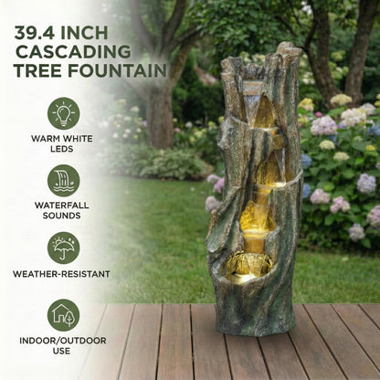 mdj pottery 39.4 Inch Tall Cascading Water Fountain Outdoor, 5-Tiered Resin Outdoor Fountain with Warm White LED Lights, Rustic Weather-Resistant Tree Trunk Waterfall for Patio Yard Garden - Grey