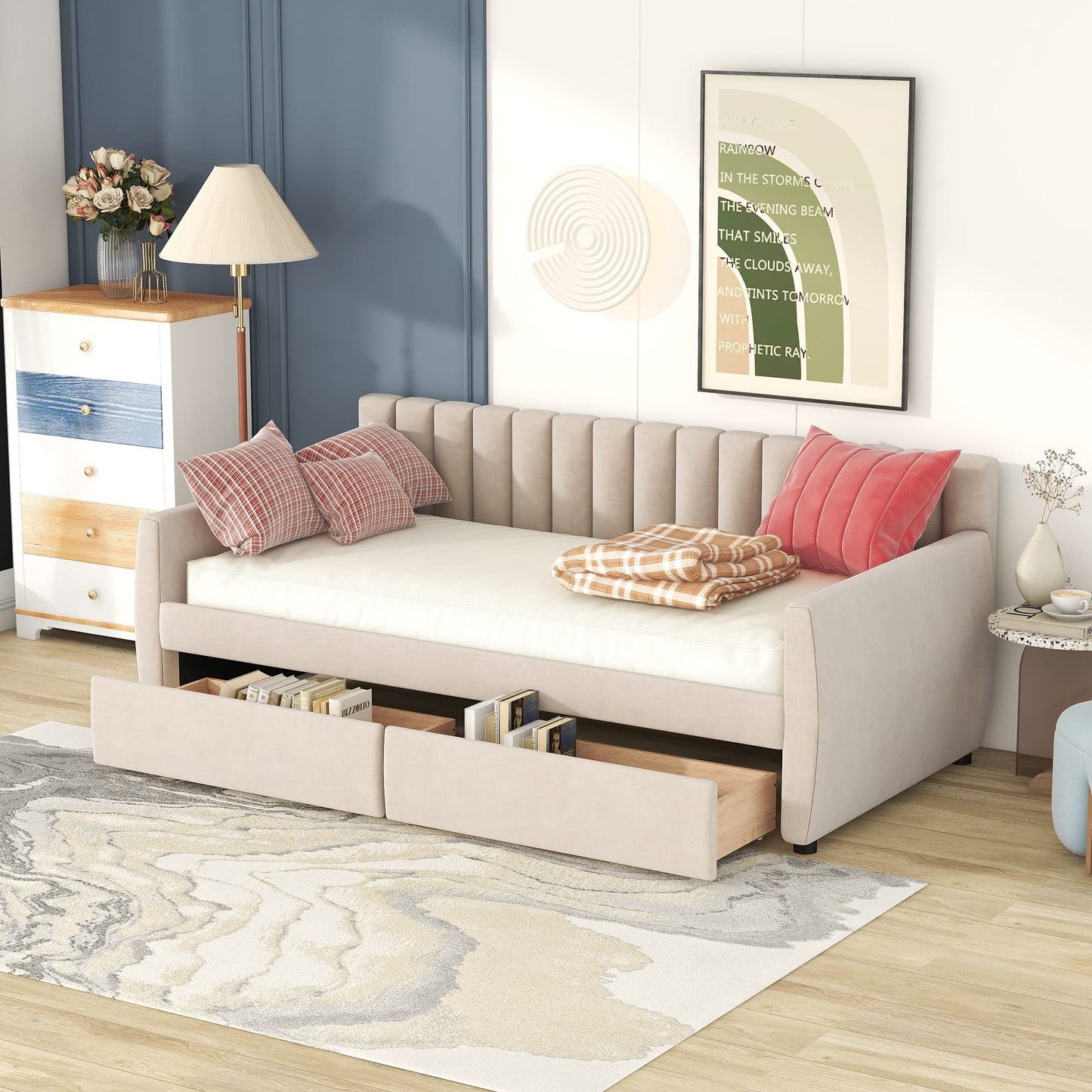 YOPTO Velvet Upholstered Twin Daybed with Two Storage Drawers, Solid Wooden Sofa Bed Frame w/Vertical Stripes Designed Backrest and Pine Legs, Space-Saving Design