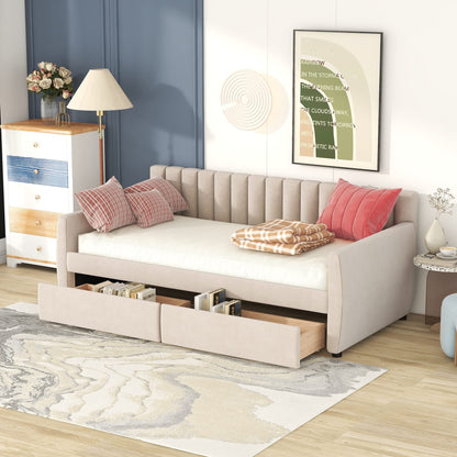 YOPTO Velvet Upholstered Twin Daybed with Two Storage Drawers, Solid Wooden Sofa Bed Frame w/Vertical Stripes Designed Backrest and Pine Legs, Space-Saving Design