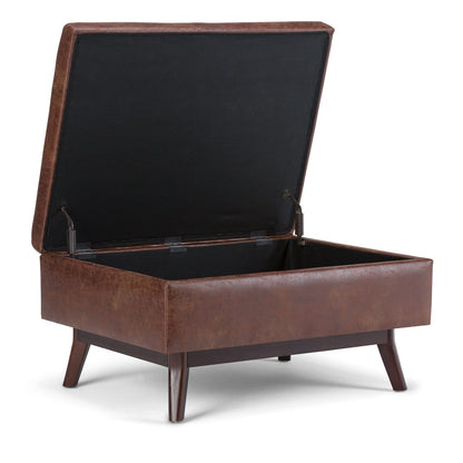 SIMPLIHOME Owen Coffee Table Storage Ottoman - 34" Wide x 19" High Upholstered Vegan Leather Rectangular Lift-Top Ottoman in Distressed Saddle Brown, Mid-Century Modern Bench with Tapered Legs
