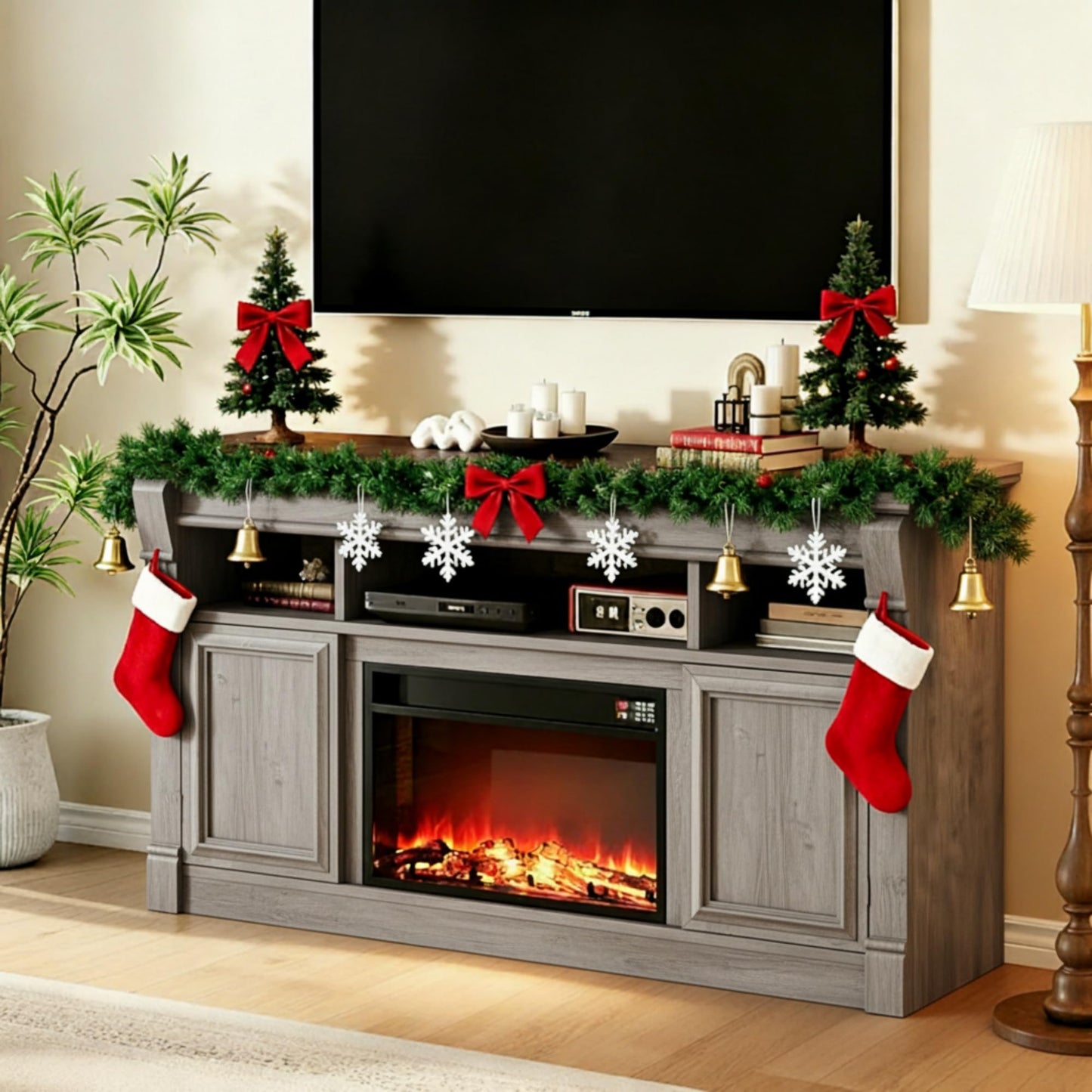 GAOMON 58 Inch Fireplace TV Stand, Wooden Entertainment Center with 36 Inch Electric Fireplace, 3D Realistic Flame, Farmhouse Media Console with Storage Cabinets for Living Room, Gray