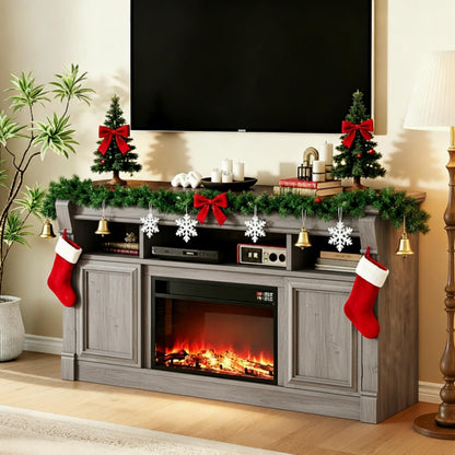 GAOMON 58 Inch Fireplace TV Stand, Wooden Entertainment Center with 36 Inch Electric Fireplace, 3D Realistic Flame, Farmhouse Media Console with Storage Cabinets for Living Room, Gray