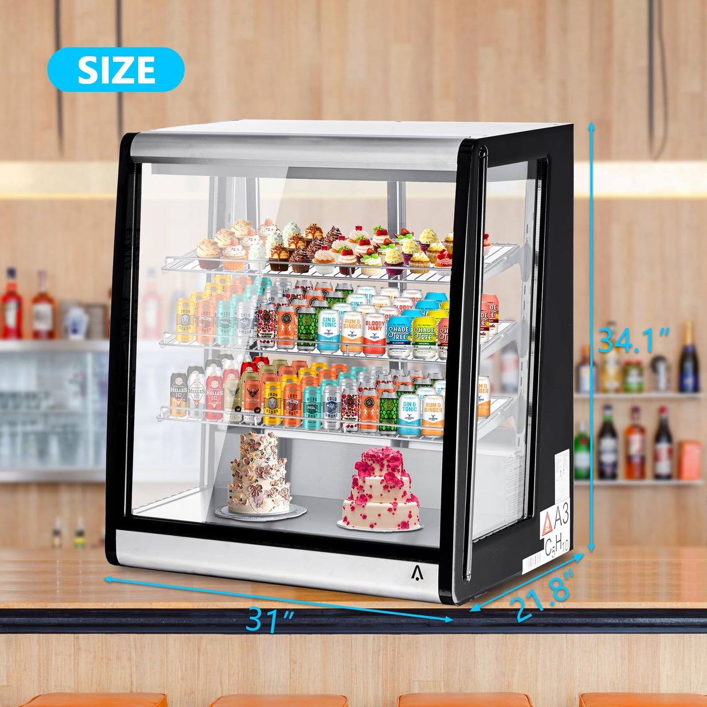 Festisoul Commercial Refrigerated Display Case, 196L Glass Door Countertop Refrigerator with Double Layer Tempered Glass, 110V for Restaurants, Cafes, Stores, Black