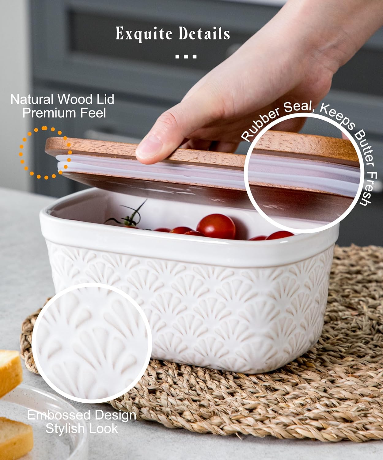 Countertop, Nucookery Ceramic Butter Dish, Embossed Butter Keeper with Wood Lid for Butter Holder and Container