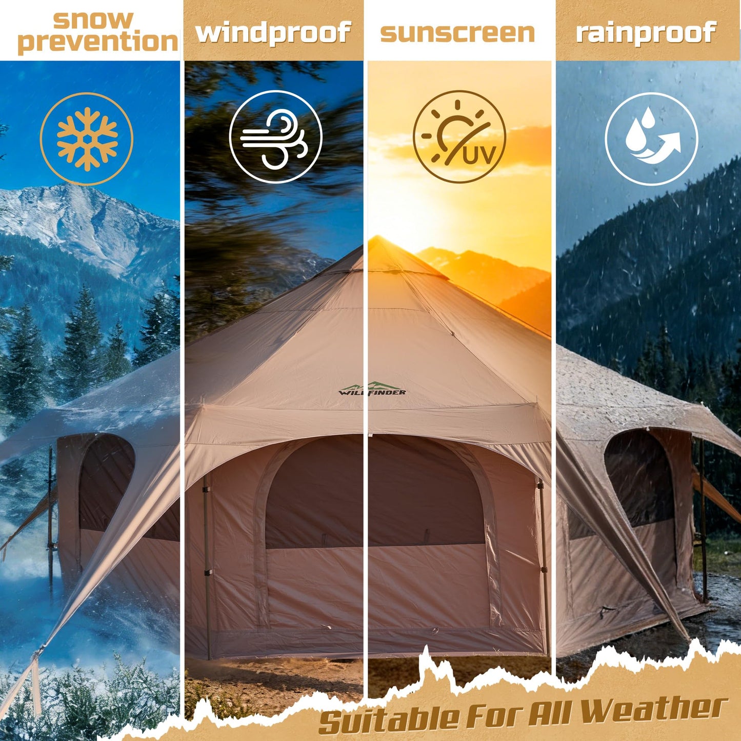 WildFinder 16.5ft Canvas Bell Tent, Large Yurt Tent with Stove Jack for Camping & Glamping, 55" High Walls, Maximum Space, Waterproof 4 Season Hot Tent with 8 Mesh Windows & Removable Floor