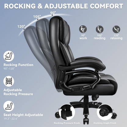Big and Tall Office Chair 500lbs, Heavy Duty Executive Office Leather Chair for Heavy People, High Back Ergonomic Office Chair with Lumbar Support & Quiet Rubber Wheels, Extra Padded Seat, Black