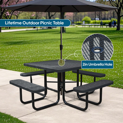 Sunnibety 8-Person Picnic Tables for Outdoors, Industrial 46" Expanded Metal Square Picnic Table with 4 Benches & Umbrella Hole, Outside Table and Bench Set for Garden, Backyard, Porch, Patio, Black