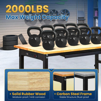 70-Inch Height Adjustable Workbench with Power Outlets, Solid Rubber Wood Top Heavy Duty Garage Tool Table, Workstation with Pegboard, Hooks and Ruler