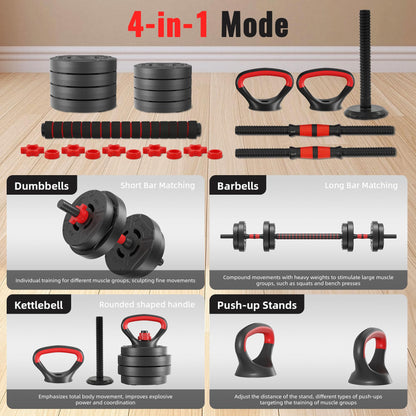 Fitvids Multi-Functional Portable Changeable Dumbbell and Barbell Kettlebell Set with Adjustable Weights, 40LBS or 60LBS Sets, 2-in-1 or 4-in1, Multiple Styles